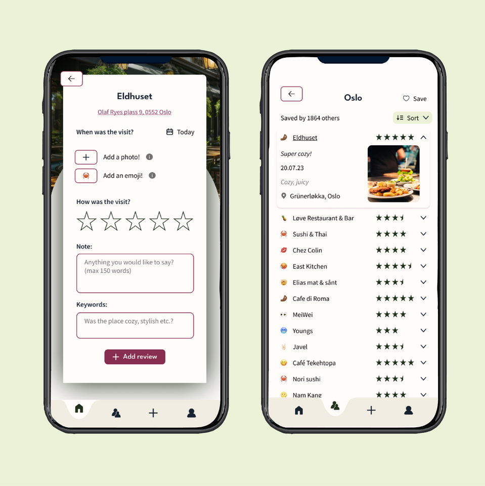 Anmeldelse og lagret liste i Foodieapp